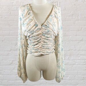 Free People Cream and Blue Floral Ruched Blouse